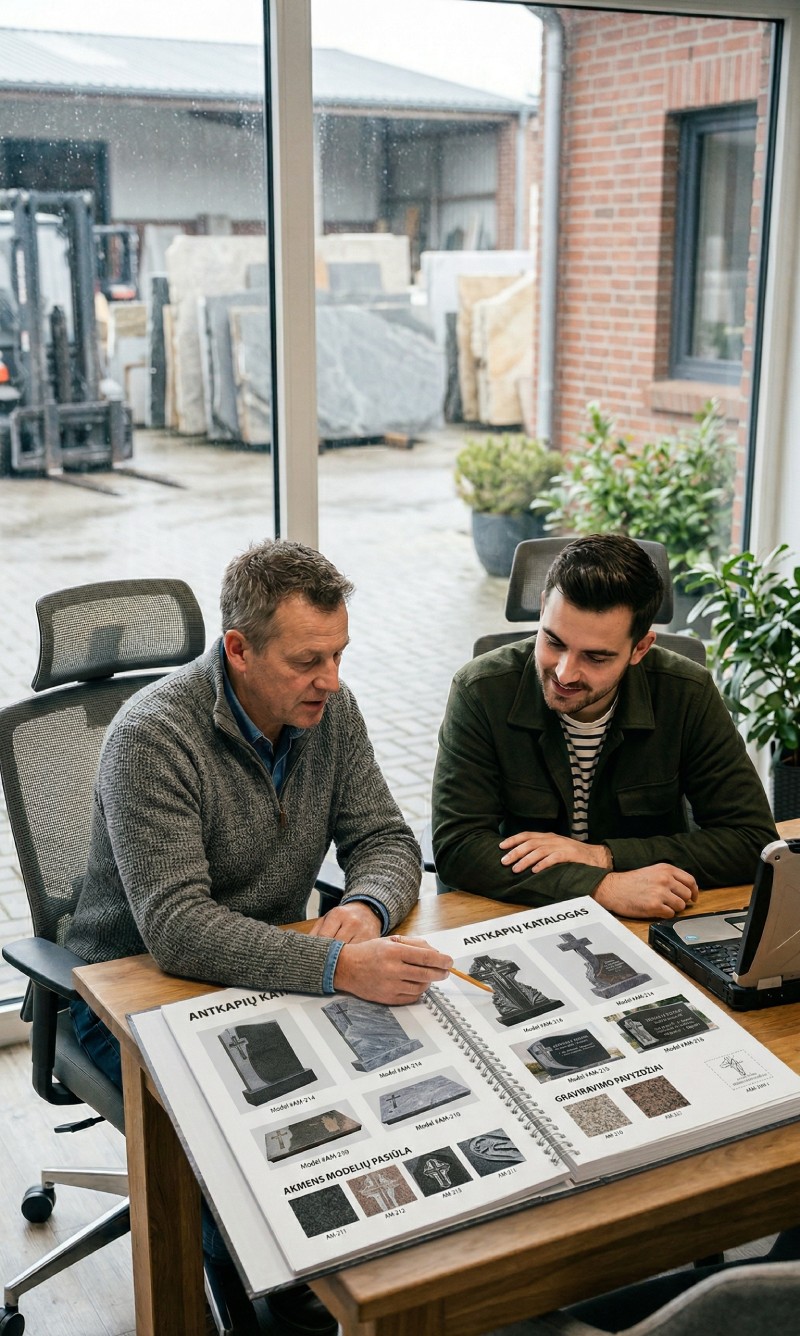 Žmonės, ofise žiūri antkapių katalogą.